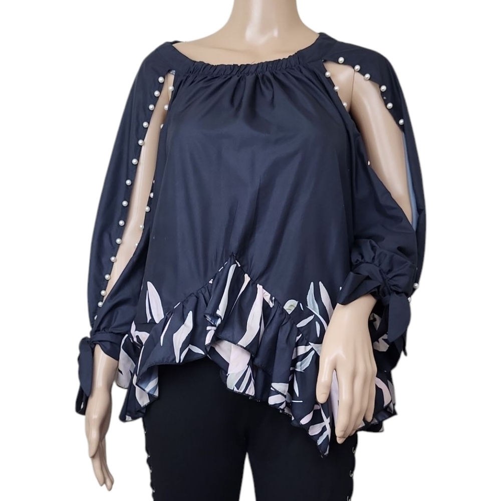 Pearl Cut Out Tie Leaf Flutter Blouse - Picture 1 of 3